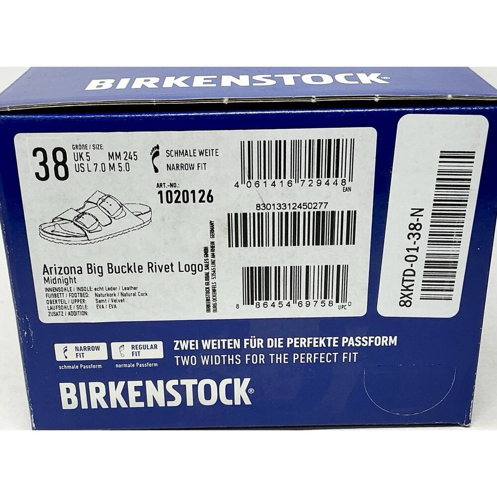 Birkenstock Arizona Big Buckle Midnight Blue Velvet Sandals EU 38 Ladies 7 NIB - Picture 9 of 10